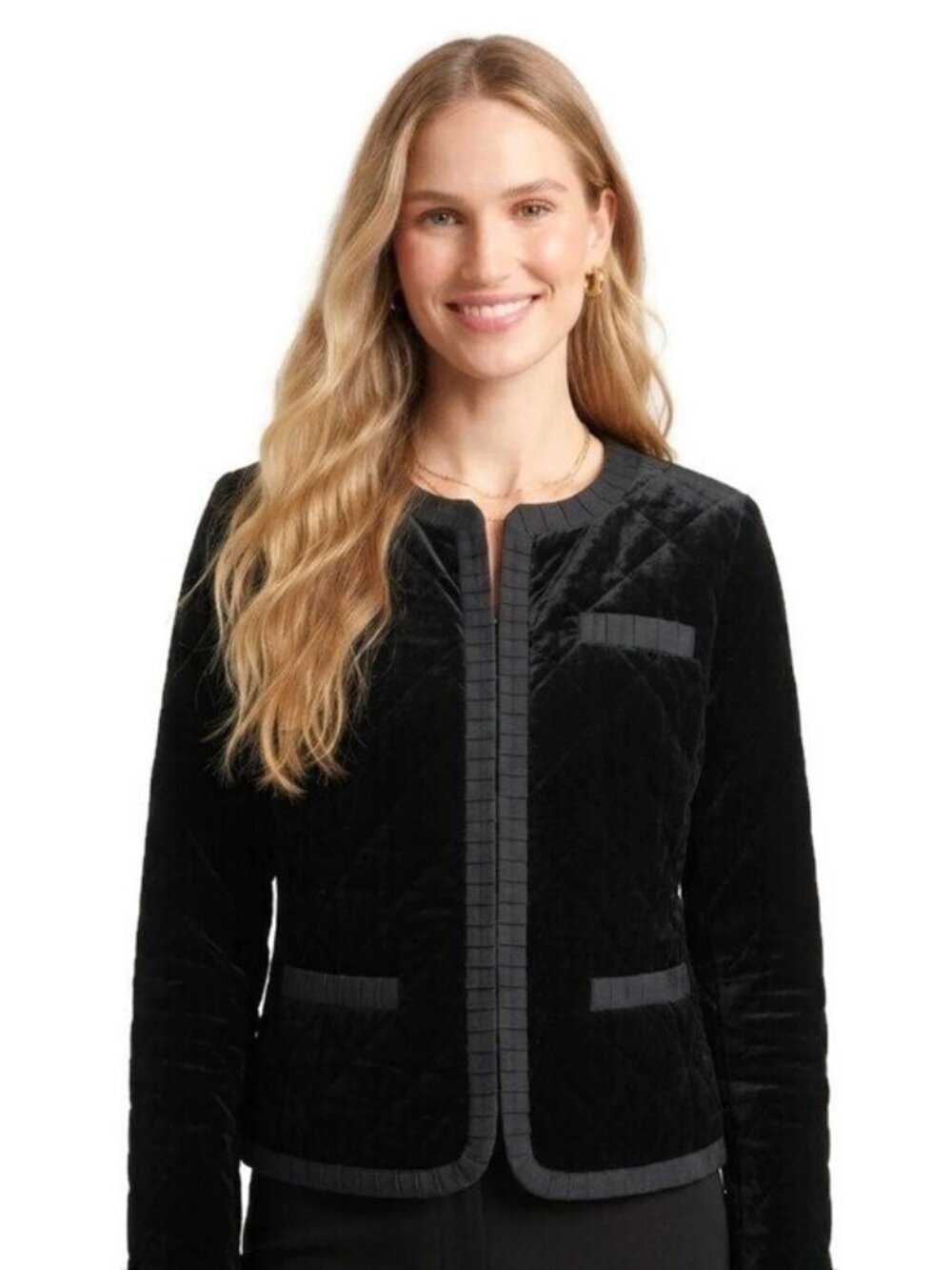 Talbots Velvet Blazer Women Size LP Petite Black Ribbon Trim Pockets Hook & Eye